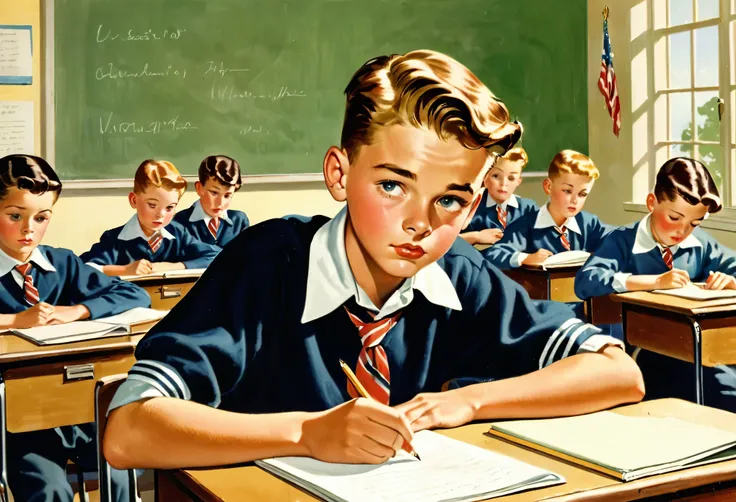 a school boy  in his exam, 1950's, american school classroom, retro,