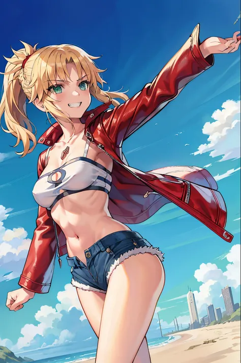 masterpiece, best quality, illustration, city street, 1girl, mordred \(fate\), cowboy shot, collarbone, detailed blond hair pony...