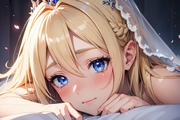 1girl anime coloring blue eyes blonde hair background bed hair strand, laying on wedding bed, romantic atmosspehe, white lingerie, nipples, elf ears, royal tiara, blushed, ((Droppy Eyelids, Black Eyelashes, small Female Chesty)), (anime art:0.1), view from...