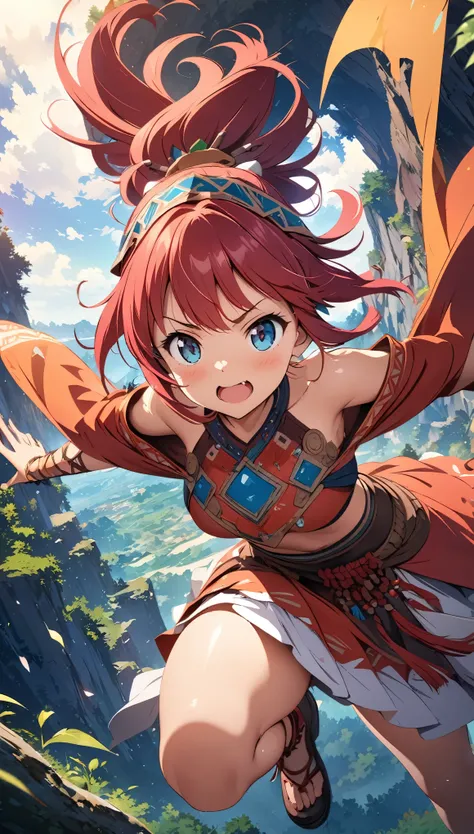 (best quality, high quality, masterpiece:1.2), Dragon Tribe Girl, Red Hair, National costume, Otherworldly fantasy, cute, Dragon on background, dynamic angle, dynamic pose, Digital anime art,Anime-style illustrations,Anime illustration