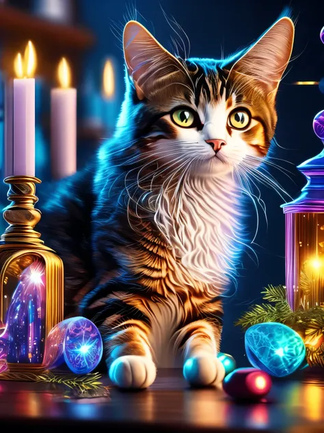 (masterpiece, high quality, Detailed CG 8k wallpapers and beautiful illustrations) A cat，Cartoon cats，可爱的Cute Pets，Punk style cat，Cyber Street，Electronic Fiber，3D gradient rendering，Glass transparent texture，Light particle effects，Virtual Utopia，Surrealism...