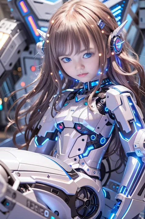 (RAW quality:1.4), Wide-angle shot, 1 female, Mecha, Sparkling blue eyes, Japanese, 14 years old, Very cute face, (Realistic:1.37), Biomechanical, Complex robot, Spaceship interior bokeh background, Ultra-realistic, Very detailed, Very intricate details, B...