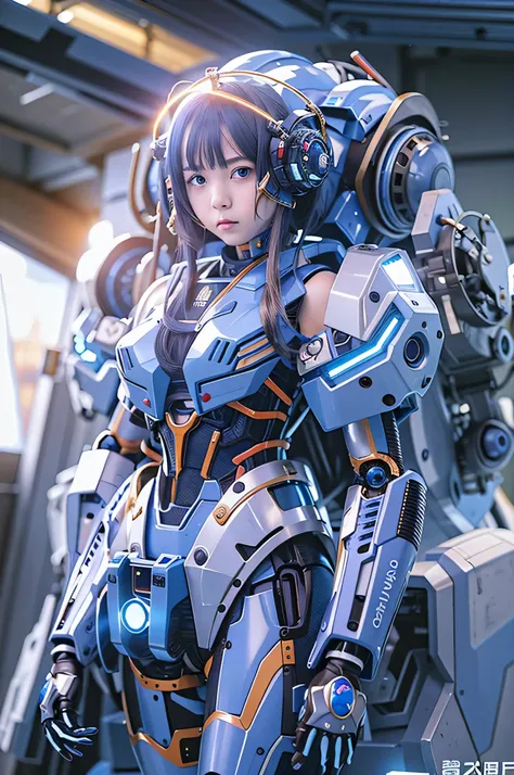 (RAW quality:1.4), Wide-angle shot, 1 female, Mecha, Sparkling blue eyes, Japanese, 14 years old, Very cute face, (Realistic:1.37), Biomechanical, Complex robot, Spaceship interior bokeh background, Ultra-realistic, Very detailed, Very intricate details, B...