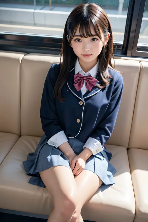 High angle shot、Center View、An Asian woman in a short skirt and bow tie is sitting on a train、Cute school girl、Japanese girls uniform、Wear Japan 、Japanese 、Surreal 、Dressed as a high school girl、Surreal 、Wearing a uniform、Realistic high school girl、Girl in...