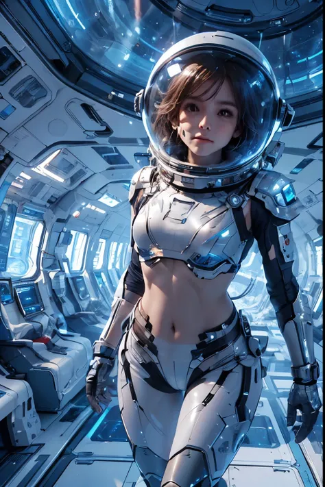 a girl in spacesuit, fully exposed midriff, bare waist,cowboy-shot, in outer space, desolate alien cold planet, frosted，transpar...