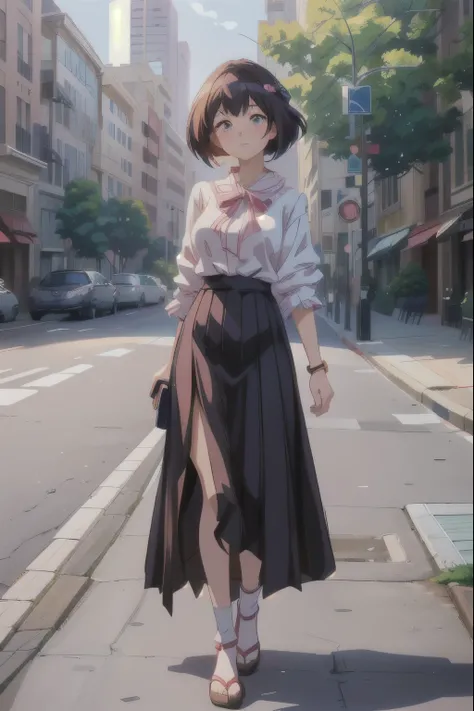 Woman walking down a city street wearing an anime style skirt and shirt, Smooth anime CG art, Realistic Anime 3D Style, Anime full body illustration, Attractive anime girl, Cute anime waifu in a nice dress, Realistic anime art style, Anime Style. 8k, Beaut...