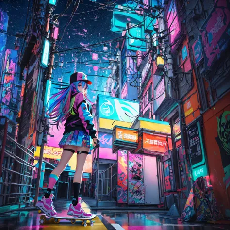 Anime girl wearing hat and colorful clothes standing on skateboard, anime art wallpaper 4k, anime art wallpaper 4k, Anime Art Wallpapers 8K, Anime Style 4k, Dreamy and colorful cyberpunk colors, Colorful concept art, Inspired by Yumei, by Yuumei, Dreamy ps...