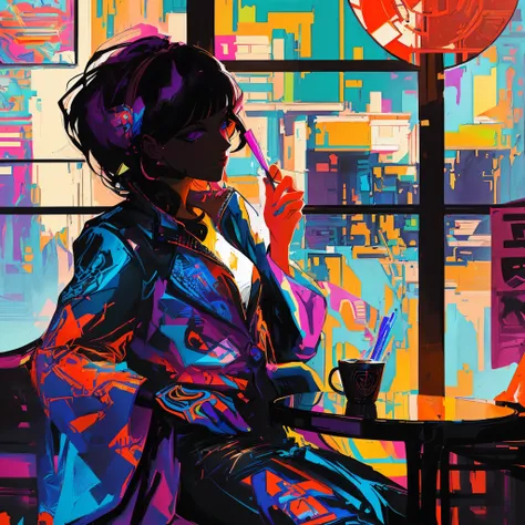 Brightly colored painting of a woman sitting at a table drinking coffee, Just a joke, Mysterious Coffee Shop Girl, in style of Laurie Greasley, inspired by Derek Gores, inspired by Tomokazu Matsuyama, by Derek Gores, Kilian Eng: Vivid Colors, Colorful digi...