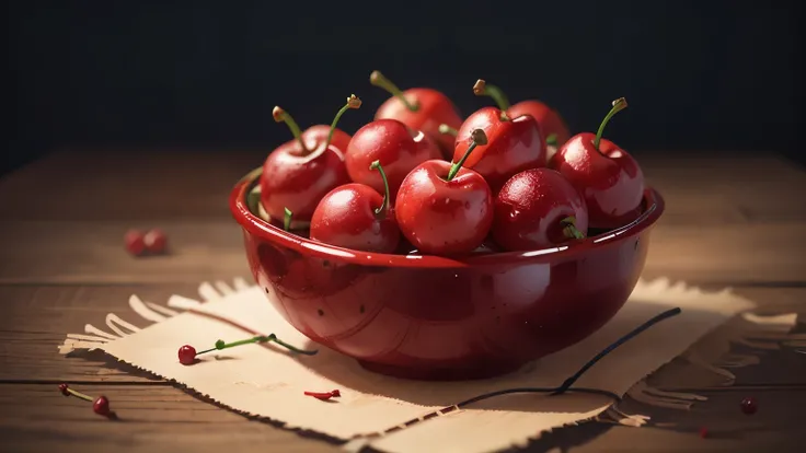 A luscious, vibrant red cherries (best quality,4k,8k,highres,masterpiece:1.2),ultra-detailed,(realistic,photorealistic,photo-realistic:1.37),hyper-detailed,macro photography, delicate skin texture, glossy surface, warm lighting, cinematic angle, shallow de...