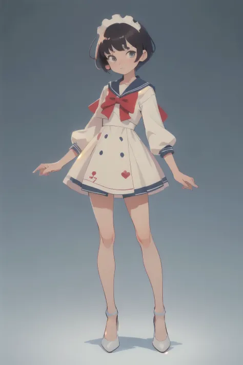 (best work, highest quality), 1 girl, beautiful face, remake costumes of sailor suits and maid dresses, full body illustration, short cut hairstyle,