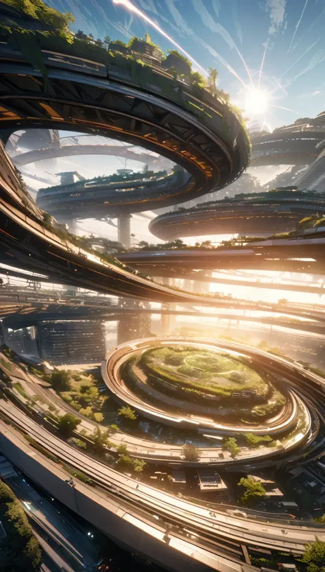 Anime aesthetics, colony expanding with more buildings and greenery, hive-ship now a part of the infrastructure, Hans Giger style blended with more livable architecture, sky lightening as sun rises, bustling activity, curved lines, sci-fi, beautiful scene,...