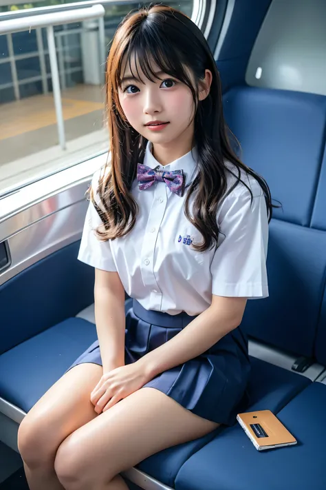 High angle shot、Center View、An Asian woman in a short skirt and bow tie is sitting on a train、Cute school girl、Japanese girls uniform、Wear Japan 、Japanese 、Surreal 、Dressed as a high school girl、Surreal 、Wearing a uniform、Realistic high school girl、Girl in...