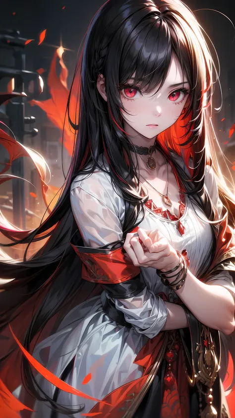 best quality, intricate details, chromatic aberration, 1 girl, long hair, black hair, messy hair, red highlights, hair covering ...