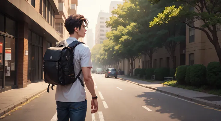 A young man walking in street, with backpack, photorealistic, cinematic, dynamic pose, street with trees background, anime style art