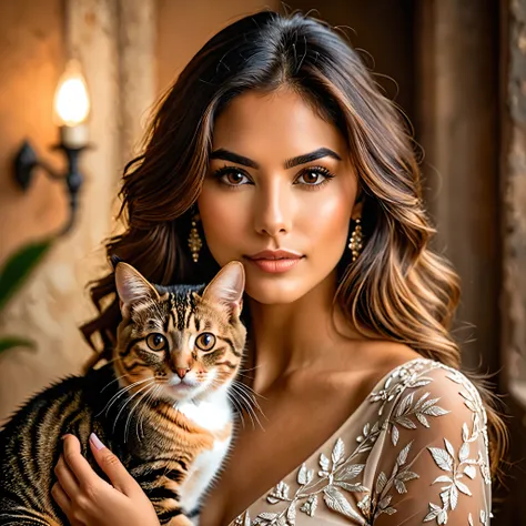 una hermosa latina piel morena con un lindo gato, ojos detallados, labios detallados, long eyelashes, cabello intrincado, hermos...