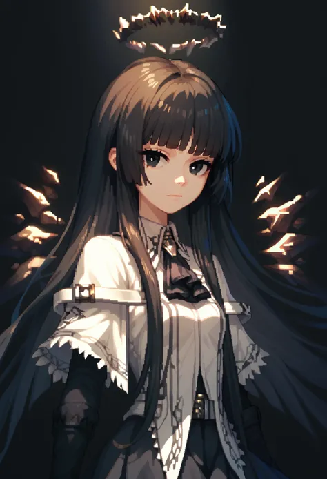 (score_9, score_8_up, score_7_up), (pixel art), 1girl, virtuosabase, black eyes, long hair, hime cut, broken halo, black ascot, ...