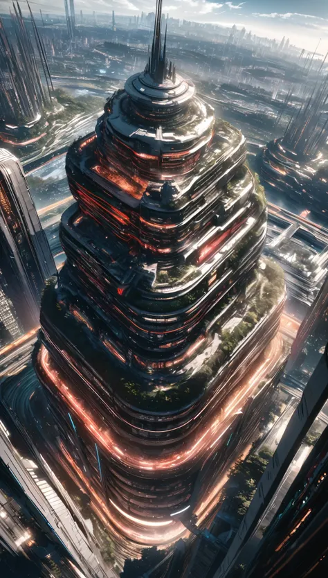 Anime aesthetics, advanced futuristic city forming on the planet, hive-ship fully integrated, Hans Giger style with modern influences, brighter sky with red star fading, advanced technology, curved lines, sci-fi, beautiful scene, wide shot, from above, 16k...