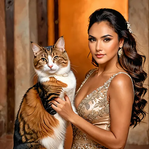 skswoman, una hermosa latina piel morena madura, pelo rizado abundante, 50 years, pocas arrugas, con un lindo gato, ojos detalla...