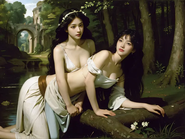 Giorgione painting style,Barbizon forest A beautiful woman in Greek dress smiles on the shore,Sweet and seductive appearance.、Caravaggios paintings、Chiaroscuro of Caravaggio、hair tousled by the wind,Two women frolicking,cute smile, expression of ecstasy,Se...