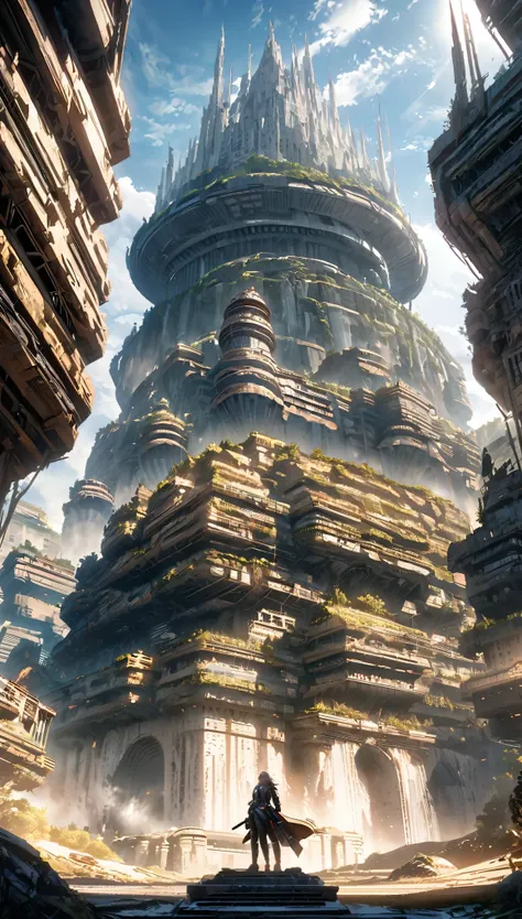      Anime aesthetics, massive citadel rising at the center of the city, hive-ship dwarfed by new structures, Hans Giger style with grand, heroic architecture, bright sunny weather, heroic future atmosphere, curved lines, sci-fi, beautiful scene, wide shot...