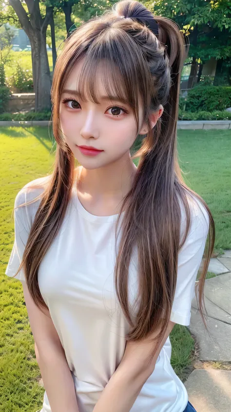 White T-shirt and jeans,outdoors,Urban Park,On the lawn,Outdoor,Close-up of face,Outdoor,Blushing,Facing forward,,Long hair ponytail,((8K, Raw photo, Best Quality, Mastepiece:1.2), (Realism, Photorealistic:1.4), (Highly detailed 8k wallpaper), Depth of wri...