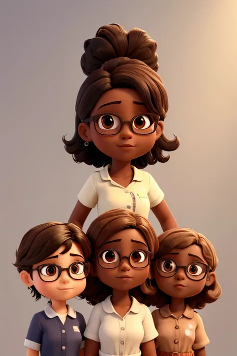 three girls,a primeira garota  tem pele escura com cabelos cacheados longos preto, the second has medium hair, white skin, e a terceira garota de pele branca, wears glasses short brown hair and reddish highlights