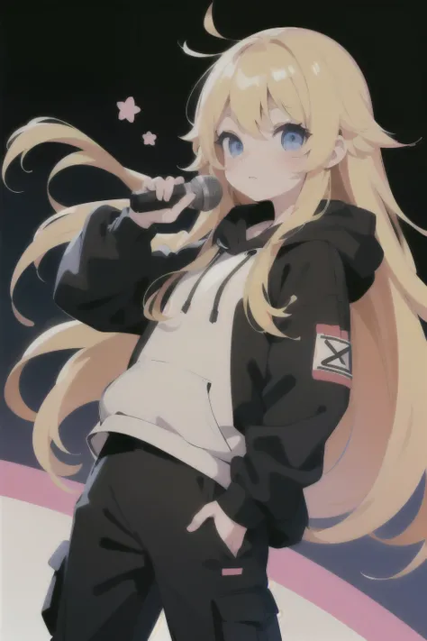 Young anime girl, long blonde hair wearing cargo pants oversized hoodie and holding a microphone, (Korean idol) 