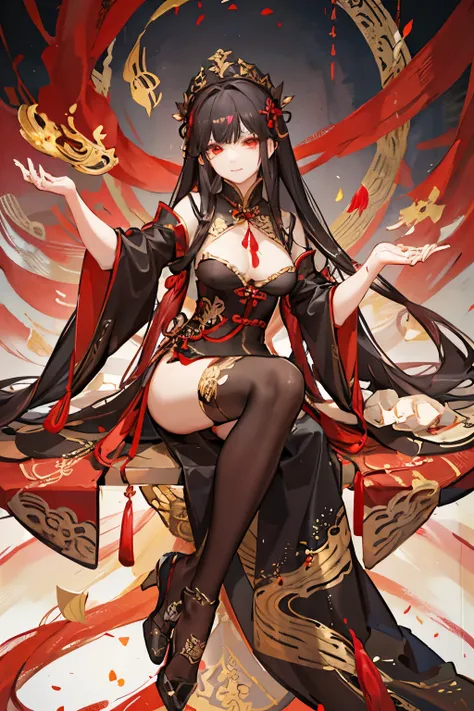 Ancient China fantasy style. A beautiful and handsome female cult leader, red eyes, long flowing black hair, with arrogant smile, dress in red attires, cool, handsome and stunning, Chinese fantasy martial arts style, leader of a demonic cult, with delicate...