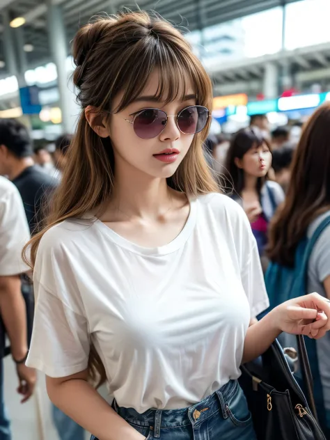 19 years old child, (wearing pure white shirt and jeans:1.3), big round breast, nipple protrusio, (red cap:1.3), (sunglasses:1.3), pull dark blue luggage, ((updo hairstyle, Dark blonde hair, wavy hair, long hair, asymmetric bangs:1.2)), (happy:1.3), (photo...