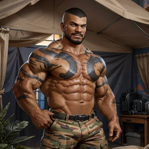 (masterpiece, best quality:1.2), 1boy, solo, (cowboy shot), inside desert camouflage colored tent, (standing at attention), brunette hair, (buzz cut hair), powerful pecs, huge biceps, pectoral, huge pectoral, wide pectoral, six pack abs, camouflage pants, ...