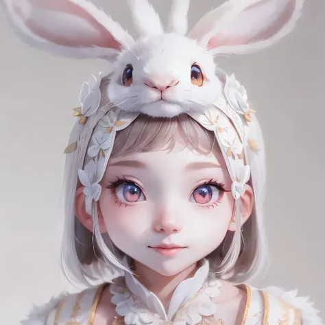 White gradient background,(panoramic:1.2,Lesbians all over:1.2),1. Huge Breasts,Anatomically correct,Rabbit-shaped head ornament,Short, thin hair,smile,Clothes with rabbit print,White shoes,Perfect balance,Highly detailed face,(The best quality in the best...