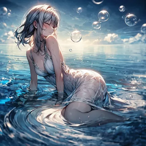 ((User profile picture)), (Solo), (small breast), (Dramatic angle), Aesthetic, Convoluted, Awarded, chiaroscuro, Best Quality, Detailed background, (sadness atmosphere:1.1), Her head, submerged, floating, (hair fanned out, eyes closed, tranquil face, seren...