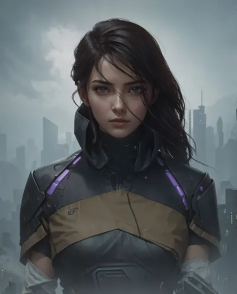 Masterpiece, young woman, dark hair, calm, dystopian future, cyberpunk, corporate