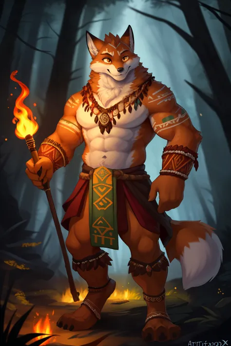 (By ArtisticFox22, by WhisperingWoods, by SketchyWisdom)
Anthropomorphic fox, tribal shaman outfit, furry, muscular, detailed body, detailed face, expressive eyes, brown furs, torch in hand, full body, night, forest, dramatic light play, solo, depth of fie...