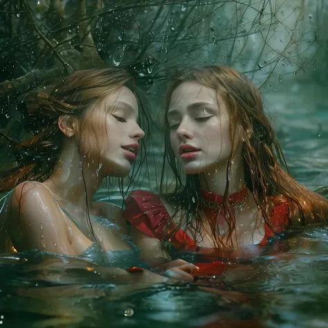 two women sitting in the water, red dress, expensive dress, long sleeves, closeup fantasy with water magic, beautiful maidens, l...