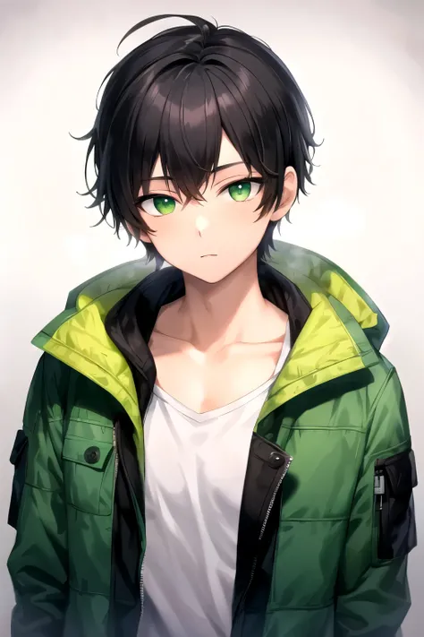 masterpiece, best quality, high quality, 1boy, solo, male focus, looking at viewer, upper body, hiroomi_nase, black hair, green eyes, , jacket