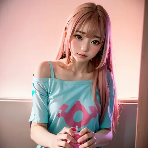 a cute girl with pink and long hair, wearing t-shirt, playing game, by style of onii kei, dreamy and romantic, light gray and light amber, jagged edges, light teal and light red, timeless beauty, 8k