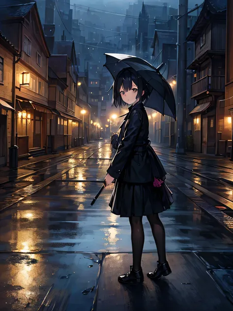 Town、rain、night、Orange light of the town lights、European style、Brick Town、Wet cobblestones、Girl Holding an Umbrella、blouse、skirt、Black catを撫でる、Black cat、Anime Style