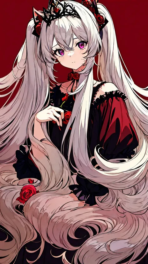 masterpiece, best quality, 1girl, holding flower, solo, long hair, holding, flower, petals, crown, rose, puffy sleeves, hatsune miku, twintails, white hair, puffy short sleeves, spikes, short sleeves, black background, upper body, fingernails, very long ha...