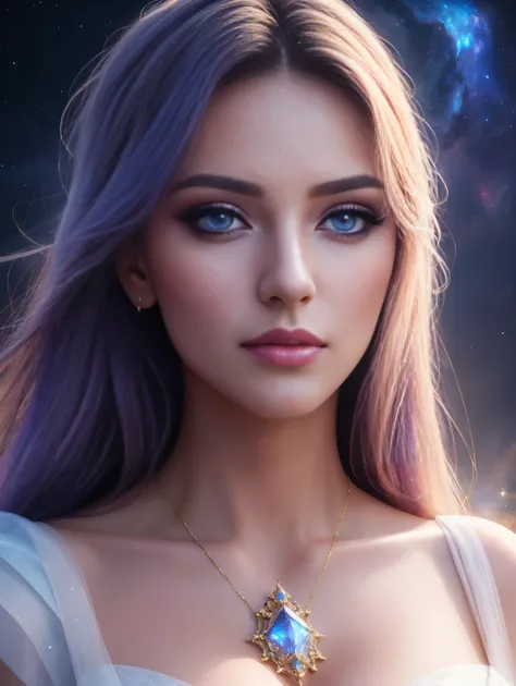 Masterpiece, an ultra hot gorgeous European woman , age 23, High Detail Eyes, Perfect Eyes, High Detail Face, Same Eyes, Glare, Rainbow Color, Global Illumination, Soft Light, Dream Light, Digital Painting, 8K, Fantasy, Night Sky, Stars, Nebula, White Crys...