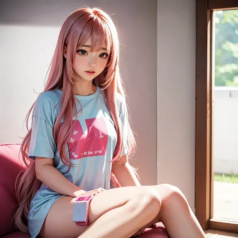 a cute girl with pink and long hair, wearing t-shirt, playing game, by style of onii kei, dreamy and romantic, light gray and light amber, jagged edges, light teal and light red, timeless beauty, 8k