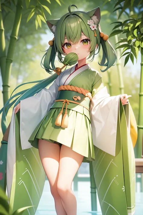 A charming, Q Version 2 mascot, sporting a Japanese anime style, is depicted holding a green bamboo stem. The adorable characters features are imbued with a subtle cuteness that radiates from its wide, innocent eyes. This cute mascot, dressed in traditiona...