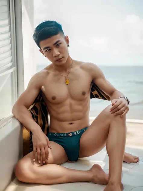 Handsome young man,Thai person,Age 30 , Take off your shirt.,Tiger pattern pants,Skin fade hairstyle,(Behind there is the sea.)