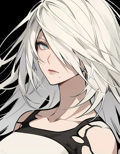 masterpiece,best quality,tank_top, 1girl, science_fiction, upper_body, mole_under_mouth, highres, a2_\(nier:automata\), robot, s...