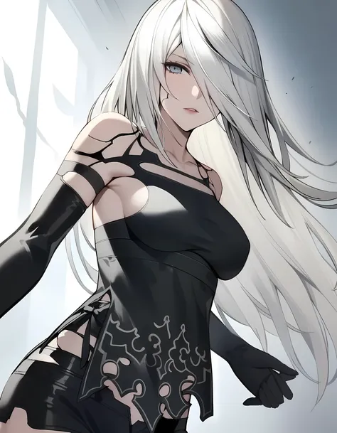 masterpiece,best quality,bare_shoulders,1girl,absurdres,breasts,elbow_gloves,black_gloves,a2_(nier:automata),highres,short_shorts,solo,hair_over_one_eye,cracked_skin,android,