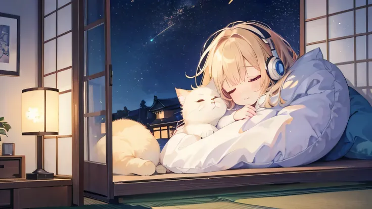 Cute cat sleeping while listening to music in a room、Warm lighting、Outside the room, the starry night sky、Japanese anime style