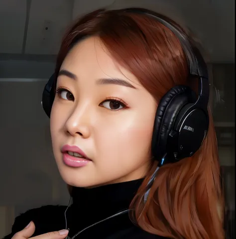 arafed woman with Headphones on the head on looking at the camera, with Headphones on the head, with headphones, Best Face, Josh is Blackpink, Jenny Blackpink, korean, portrait of Josh is Blackpink, wearing black Headphones on the head, Dom Yunju, face pr...