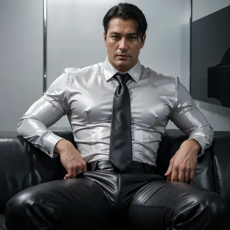 30 years old,daddy,"shiny suit",wear white shirt, very glossy pants, necktie, waistcoat, shiny satin trousers,dark gray satin fabric ,Dad sit down on the sofa,  k hd,in the office,"big muscle" ,black hair,asia face,masculine,strong man,the boss is,handsome...