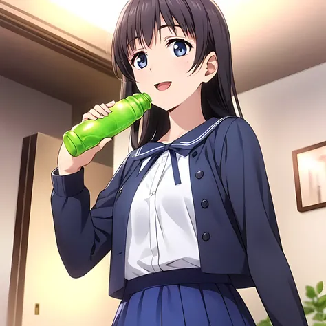 (highest quality, masterpiece:1.2), highest quality, High resolution, 1080p, 8K, Game heroine CG, Height: 158cm, ((A beautiful game heroine is drinking juice from a plastic bottle)), A face that everyone loves, Glossy lips, Even bangs, Double, Long eyelash...