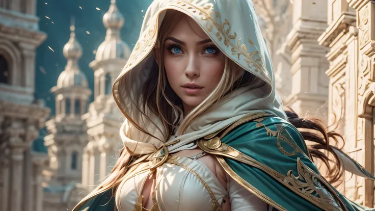 a full-body shot of princess zelda, brown hair, blue eyes, dressed as an assassin from assassins creed, in white+gold witha whit...